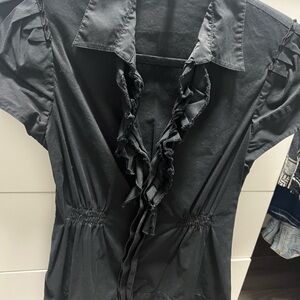 BCBG Black Ruffled Fitted Blouse with Notched Collar